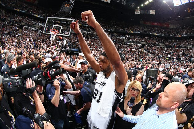 SAN ANTONIO, TX - JUNE 15: Tim Duncan #21 of the San Antonio Spurs reacts after winning the 2014 NBA Finals at AT&T Center on June 15, 2014 in San Antonio, Texas. NOTE TO USER: User expressly acknowledges and agrees that, by downloading and/or using this photograph, user is consenting to the terms and conditions of the Getty Images License Agreement.  Mandatory Copyright Notice: Copyright 2014 NBAE (Photo by Nathaniel S. Butler/NBAE via Getty Images)