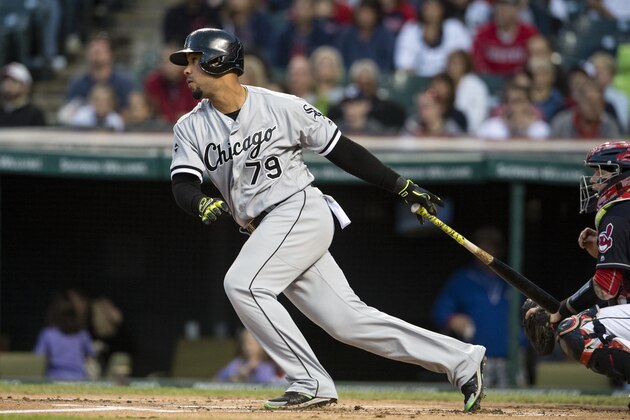 CLEVELAND, OH - SEPTEMBER 24: Jose Abreu #79 of the Chicago White Sox hits an RBI single during the first inning against the Cleveland Indians at Progressive Field on September 24, 2016 in Cleveland, Ohio. (Photo by Jason Miller/Getty Images)