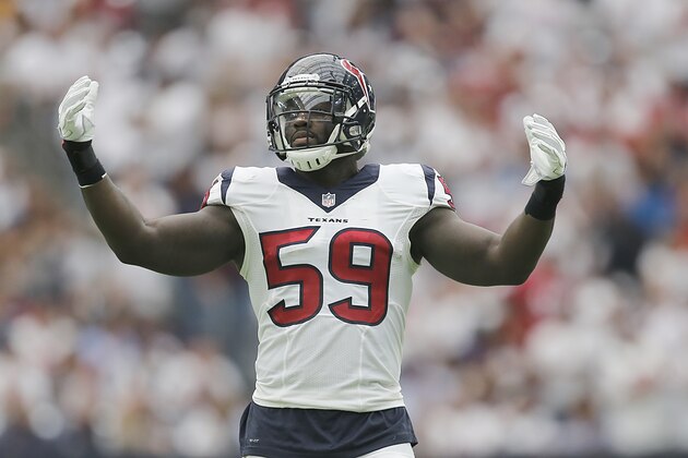 HOUSTON, TX - SEPTEMBER 11: Whitney Mercilus #59 of the Houston Texans pumps up the crowd while playing against the Chicago Bears in the first quarter at NRG Stadium on September 11, 2016 in Houston, Texas.  (Photo by Thomas B. Shea/Getty Images)