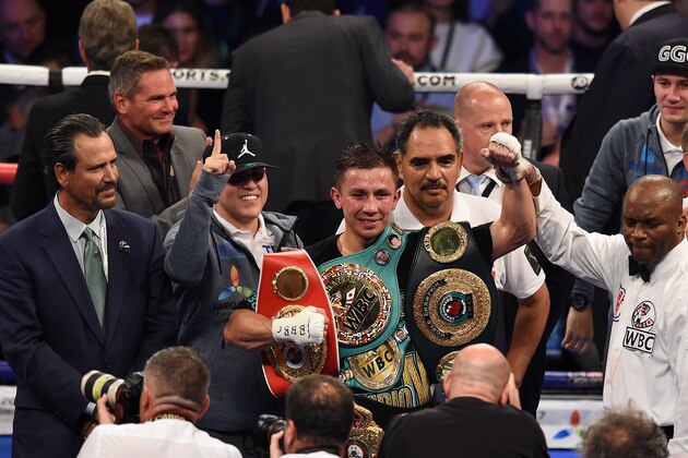 LONDON, ENGLAND - SEPTEMBER 10:  Gennady Golovkin of Kazakhstan defeats Kell Brook of Great Britain for the WBC, IBF & IBO Middleweight titles at The O2 Arena on September 10, 2016 in London, England. (Photo by Leigh Dawney/Getty Images)