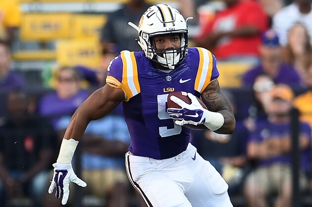 BATON ROUGE, LA - OCTOBER 10:  Derrius Guice #5 of the LSU Tigers runs for yards during a game against the South Carolina Gamecocks at Tiger Stadium on October 10, 2015 in Baton Rouge, Louisiana.  LSU defeated South Carolina 45-24.  (Photo by Stacy Revere/Getty Images)