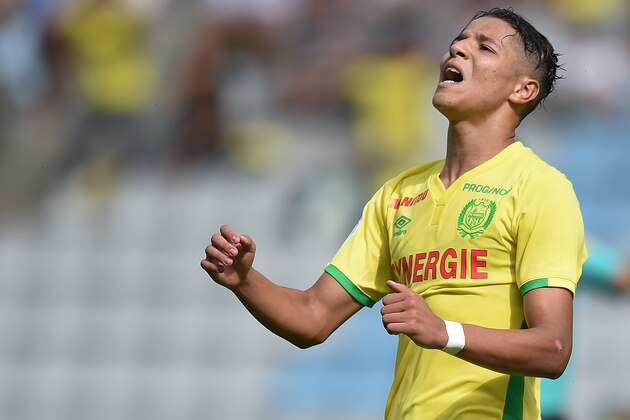 Nantes' French midfielder Amine Harit reacts during the French L1 football match between Nantes and Metz on September 11, 2016 at the Beaujoire Stadium in Nantes, western France. / AFP / JEAN-SEBASTIEN EVRARD        (Photo credit should read JEAN-SEBASTIEN EVRARD/AFP/Getty Images)