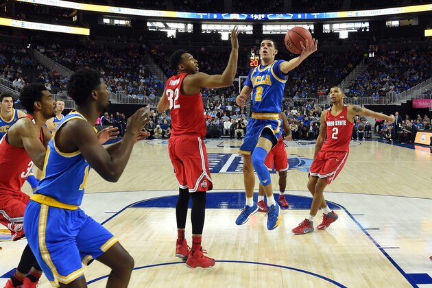 LAS VEGAS, NV - DECEMBER 17:  Lonzo Ball #2 of the UCLA Bruins drives to the basket against Trevor Thompson #32 of the Ohio State Buckeyes during the CBS Sports Classic at T-Mobile Arena on December 17, 2016 in Las Vegas, Nevada. UCLA won 86-73.  (Photo by Ethan Miller/Getty Images)