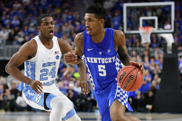 LAS VEGAS, NV - DECEMBER 17:  Malik Monk #5 of the Kentucky Wildcats drives against Kenny Williams #24 of the North Carolina Tar Heels during the CBS Sports Classic at T-Mobile Arena on December 17, 2016 in Las Vegas, Nevada.  (Photo by Ethan Miller/Getty Images)