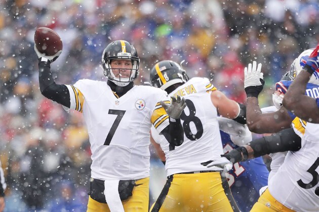 ORCHARD PARK, NY - DECEMBER 11:  Ben Roethlisberger #7 of the Pittsburgh Steelers looks to throw against the Buffalo Bills during the first half at New Era Field on December 11, 2016 in Orchard Park, New York.  (Photo by Brett Carlsen/Getty Images)