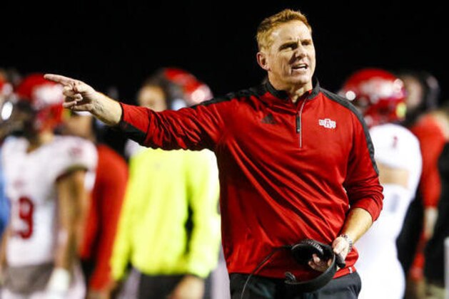 FILE - In this Nov. 17, 2016, file photo, Arkansas State coach Blake Anderson reacts to a call during the second half of the team's NCAA college football game against Troy, in Troy, Ala. Arkansas State and UCF certainly have a lot in common heading into Saturday’s AutoNation Cure Bowl matchup. Both are led by their defenses, have developing high-octane offenses and have made the postseason after impressive turn-around seasons. (AP Photo/Butch Dill, File)