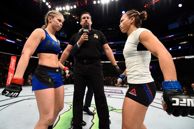 SACRAMENTO, CA - DECEMBER 17:  (L-R) Opponents Paige VanZant and Michelle Waterson face off before their women's strawweight bout during the UFC Fight Night event inside the Golden 1 Center Arena on December 17, 2016 in Sacramento, California. (Photo by Jeff Bottari/Zuffa LLC/Zuffa LLC via Getty Images)