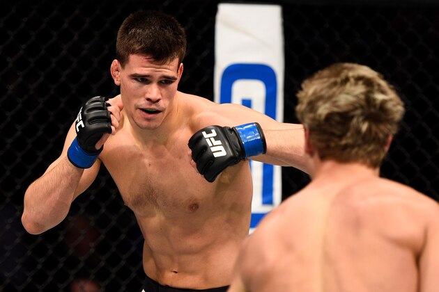 SACRAMENTO, CA - DECEMBER 17:  (L-R) Mickey Gall squares off with Sage Northcutt in their welterweight bout during the UFC Fight Night event inside the Golden 1 Center Arena on December 17, 2016 in Sacramento, California. (Photo by Jeff Bottari/Zuffa LLC/Zuffa LLC via Getty Images)