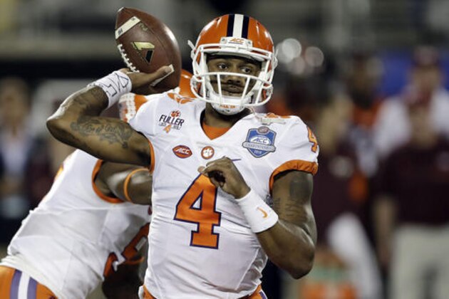 FILE - In a Saturday, Dec. 3, 2016 file photo, Clemson quarterback Deshaun Watson (4) looks to pass during the first half of the Atlantic Coast Conference championship NCAA college football gam against Virginia Tech, in Orlando, Fla. Watson acknowledges things have not been as free and easy at returning to the Heisman Trophy stage as it was getting there a year ago, when he finished third in the balloting. (AP Photo/Chris O'Meara, File)