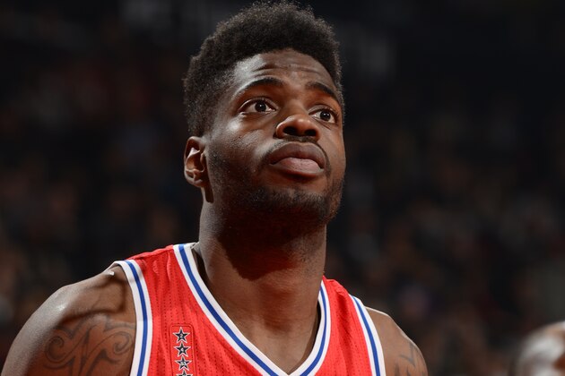 TORONTO, CANADA - APRIL 12: Nerlens Noel #4 of the Philadelphia 76ers is seen against the Toronto Raptors on April 12, 2016 at the Air Canada Centre in Toronto, Ontario, Canada.  NOTE TO USER: User expressly acknowledges and agrees that, by downloading and or using this Photograph, user is consenting to the terms and conditions of the Getty Images License Agreement.  Mandatory Copyright Notice: Copyright 2016 NBAE (Photo by Ron Turenne/NBAE via Getty Images)