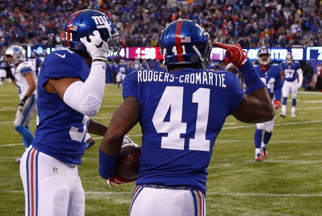 EAST RUTHERFORD, NJ - DECEMBER 18:  Dominique Rodgers-Cromartie #41 of the New York Giants celebrates his interception in the endzone in the fourth quarter against the Detroit Lions at MetLife Stadium on December 18, 2016 in East Rutherford, New Jersey.  The Giants won 17-6.  (Photo by Jeff Zelevansky/Getty Images)