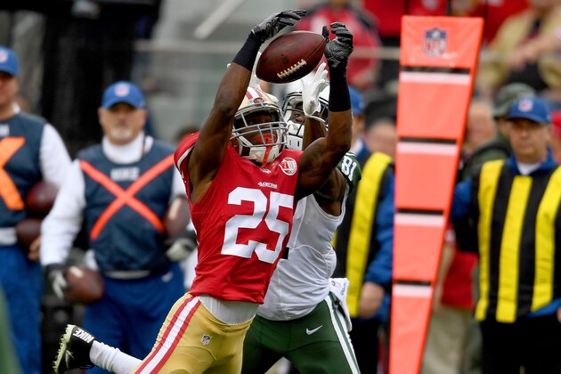 SANTA CLARA, CA - DECEMBER 11:  Jimmie Ward #25 of the San Francisco 49ers intercepts a pass intended for Quincy Enunwa #81 of the New York Jets in the first quarter their NFL football game at Levi's Stadium on December 11, 2016 in Santa Clara, California.  (Photo by Thearon W. Henderson/Getty Images)