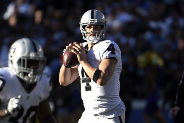 Oakland Raiders quarterback Derek Carr looks to throw a pass during the first half of an NFL football game against the San Diego Chargers Sunday, Dec. 18, 2016, in San Diego. (AP Photo/Denis Poroy)