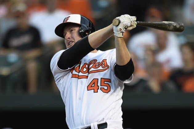 FILE - In this Aug. 18, 2016, file photo, Baltimore Orioles' Mark Trumbo follows through on a three-run home run against the Houston Astros during a baseball game in Baltimore. Trumbo, who led the major leagues with 47 home runs after hitting 13 for Seattle in 2015, was voted the AL comeback award in the annual Players Choice Awards of the Major League Baseball Players Association. (AP Photo/Gail Burton, File)