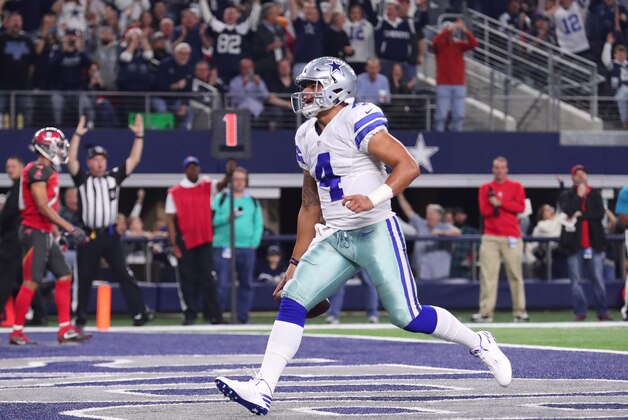 ARLINGTON, TX - DECEMBER 18:  Dak Prescott #4 of the Dallas Cowboys celebrates after scoring a touchdown during the second quarter against the Tampa Bay Buccaneers at AT&T Stadium on December 18, 2016 in Arlington, Texas. (Photo by Tom Pennington/Getty Images)