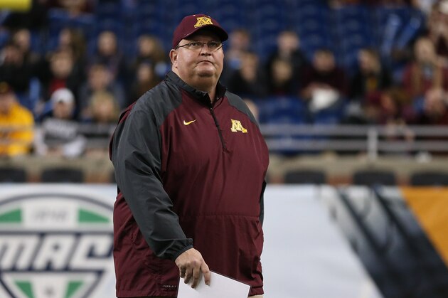 DETROIT MI - DECEMBER 28: Minnesota Golden Gophers head football coach Tracy Claeys watches the action during the game against the Central Michigan Chippewas on December 28, 2015 during the Quick Lane Bowl at Ford Field in Detroit, Michigan. (Photo by Leon Halip/Getty Images)