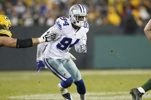 GREEN BAY, WI - DECEMBER 13: Randy Gregory #94 of the Dallas Cowboys in action against the Green Bay Packers during the game at Lambeau Field on December 13, 2015 in Green Bay, Wisconsin. The Packers defeated the Cowboys 28-7. (Photo by Joe Robbins/Getty Images)