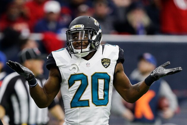 HOUSTON, TX - DECEMBER 18:  Jalen Ramsey #20 of the Jacksonville Jaguars plays to the crowd after he knocked the ball away from DeAndre Hopkins #10 of the Houston Texans at NRG Stadium on December 18, 2016 in Houston, Texas.  (Photo by Bob Levey/Getty Images)