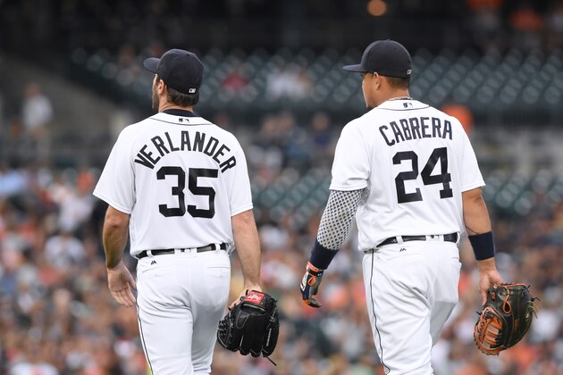 DETROIT, MICHIGAN - JULY 30:  Justin Verlander #35 and Miguel Cabrera #24 of the Detroit Tigers walk off the field together during the game against the Houston Astros at Comerica Park on July 30, 2016 in Detroit, Michigan. The Tigers defeated the Astros 3-2.  (Photo by Mark Cunningham/MLB Photos via Getty Images)