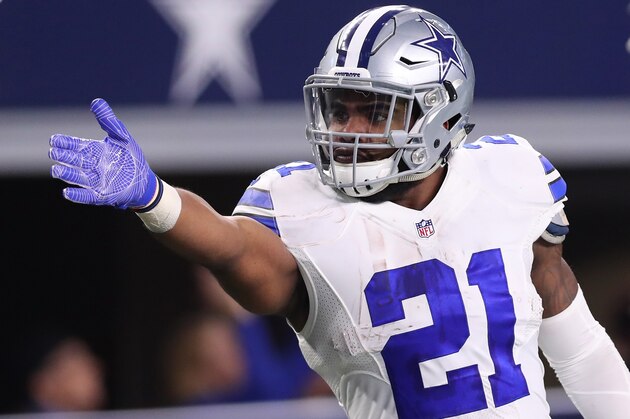 ARLINGTON, TX - DECEMBER 18:  Ezekiel Elliott #21 of the Dallas Cowboys celebrates after rushing for a first down during the fourth quarter against the Tampa Bay Buccaneers at AT&T Stadium on December 18, 2016 in Arlington, Texas. (Photo by Tom Pennington/Getty Images)