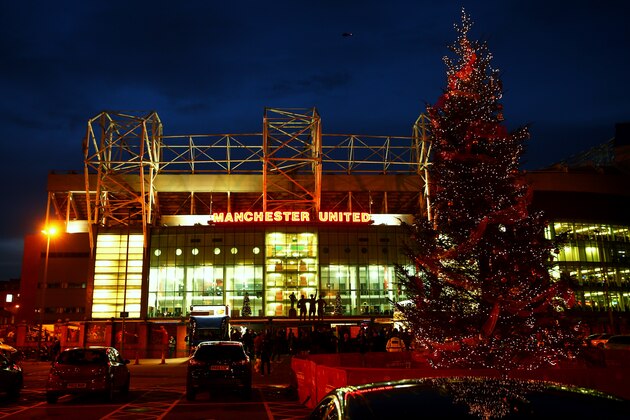 MANCHESTER, ENGLAND - DECEMBER 28:  A Christmas tree outside the front of the stadium before the Barclays Premier League match between Manchester United and Chelsea at Old Trafford on December 28, 2015 in Manchester, England.  (Photo by Clive Mason/Getty Images)