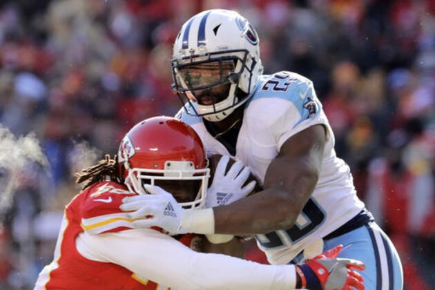 Tennessee Titans running back DeMarco Murray, right, is tackled by Kansas City Chiefs defensive back Ron Parker (38) during the first half of an NFL football game in Kansas City, Mo., Sunday, Dec. 18, 2016. (AP Photo/Charlie Riedel)