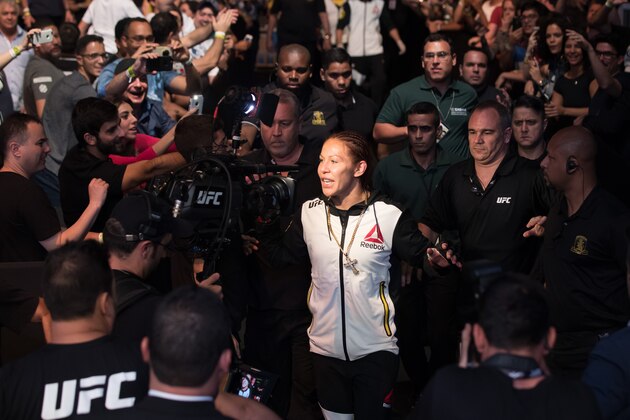 BRASILIA, BRAZIL - SEPTEMBER 24: Cris Cyborg of Brazil enters the arena prior to her catchweight  bout against Lina Lansberg of Sweden  during the UFC Fight Night event at Nilson Nelson gymnasium on September 24, 2016 in Brasilia, Brazil. (Photo by Buda Mendes/Zuffa LLC/Zuffa LLC via Getty Images)
