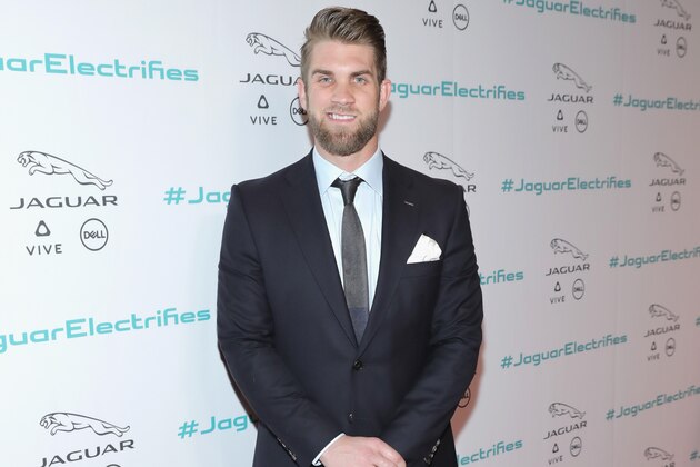 LOS ANGELES, CA - NOVEMBER 14:  Professional baseball player Bryce Harper at the Jaguar Concept reveal, ahead of its global debut at the Los Angeles Auto Show, at Milk Studios on November 14, 2016 in Los Angeles, California.  (Photo by Neilson Barnard/Getty Images for Jaguar Land Rover)