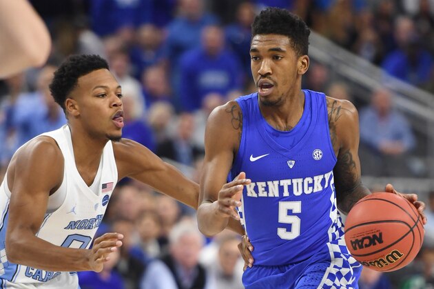LAS VEGAS, NV - DECEMBER 17:  Malik Monk #5 of the Kentucky Wildcats drives against Nate Britt #0 of the North Carolina Tar Heels during the CBS Sports Classic at T-Mobile Arena on December 17, 2016 in Las Vegas, Nevada. Kentucky won 103-100.  (Photo by Ethan Miller/Getty Images)