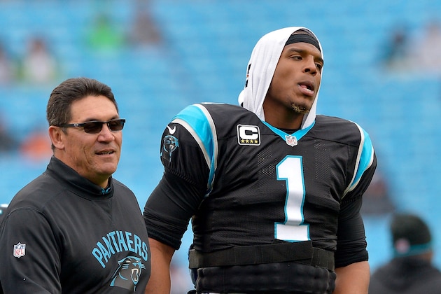 CHARLOTTE, NC - DECEMBER 11:  Head coach Ron Rivera and Cam Newton #1 of the Carolina Panthers talk during warm ups against the San Diego Chargers at Bank of America Stadium on December 11, 2016 in Charlotte, North Carolina.  (Photo by Grant Halverson/Getty Images)