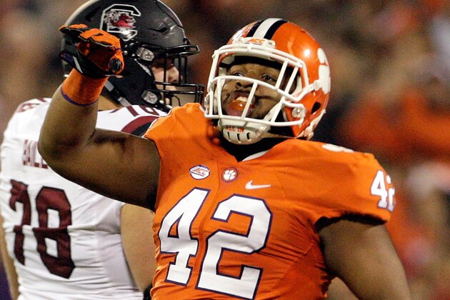 CLEMSON, SC - NOVEMBER 26: Christian Wilkins #42 of the Clemson Tigers reacts after a play during the game against the South Carolina Gamecocks at Memorial Stadium on November 26, 2016 in Clemson, South Carolina. (Photo by Tyler Smith/Getty Images)