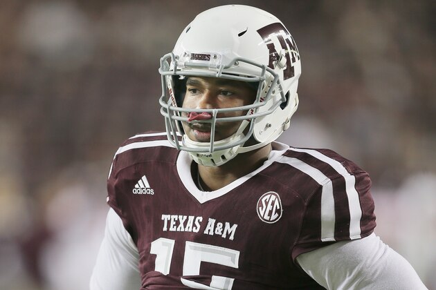 COLLEGE STATION, TX - NOVEMBER 12: Myles Garrett #15 of the Texas A&M Aggies during warm ups before playing the Mississippi Rebels at Kyle Field on November 12, 2016 in College Station, Texas.  (Photo by Bob Levey/Getty Images)