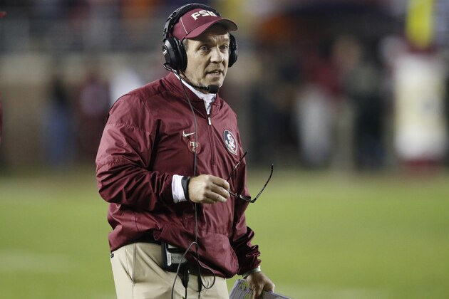 TALLAHASSEE, FL - NOVEMBER 26: Head coach Jimbo Fisher of the Florida State Seminoles looks on during the game against the Florida Gators at Doak Campbell Stadium on November 26, 2016 in Tallahassee, Florida. Florida State defeated Florida 31-13. (Photo by Joe Robbins/Getty Images)