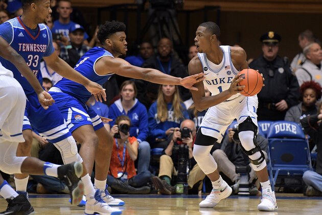 DURHAM, NC - DECEMBER 19: Harry Giles #1 of the Duke Blue Devils moves the ball against Ken'Darrius Hamilton #4 of the Tennessee State Tigers at Cameron Indoor Stadium on December 19, 2016 in Durham, North Carolina. (Photo by Lance King/Getty Images)