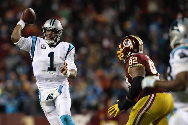 LANDOVER, MD - DECEMBER 19: Quarterback Cam Newton #1 of the Carolina Panthers passes the ball while under pressure form defensive end Chris Baker #92 of the Washington Redskins in the fourth quarter at FedExField on December 19, 2016 in Landover, Maryland. (Photo by Patrick Smith/Getty Images)