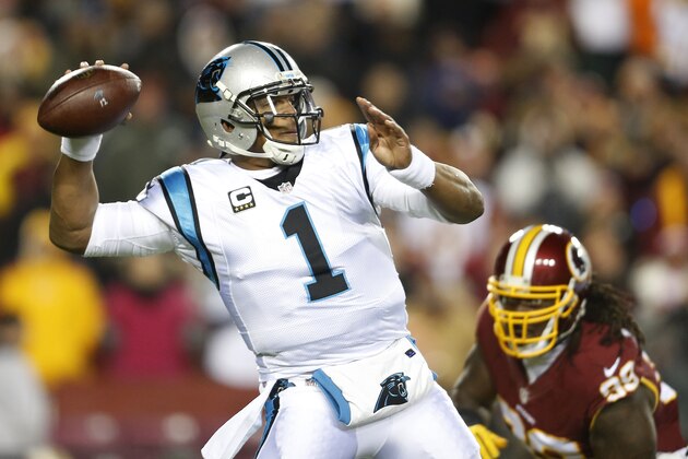 LANDOVER, MD - DECEMBER 19: Quarterback Cam Newton #1 of the Carolina Panthers passes the ball while under pressure from defensive end Ricky Jean Francois #99 of the Washington Redskins in the first quarter at FedExField on December 19, 2016 in Landover, Maryland. (Photo by Matt Hazlett/Getty Images)