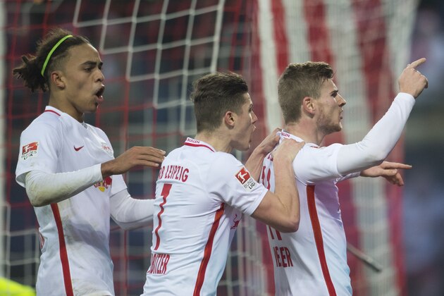 Leipzig´s striker Timo Werner (R) celebrates after scoring with his team-mates during the German first division Bundesliga football match between RB Leipzig and Hertha BSC Berlin in Leipzig, eastern Germany on December 17, 2016.   / AFP / ROBERT MICHAEL / RESTRICTIONS: DURING MATCH TIME: DFL RULES TO LIMIT THE ONLINE USAGE TO 15 PICTURES PER MATCH AND FORBID IMAGE SEQUENCES TO SIMULATE VIDEO. == RESTRICTED TO EDITORIAL USE == FOR FURTHER QUERIES PLEASE CONTACT DFL DIRECTLY AT + 49 69 650050
        (Photo credit should read ROBERT MICHAEL/AFP/Getty Images)