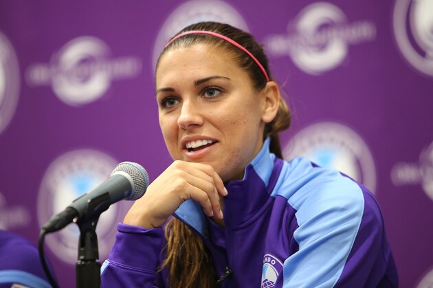 ORLANDO, FL - APRIL 23: Alex Morgan of the Orlando Pride speaks with the media after winning a NWSL soccer match against the Houston Dash at the Orlando Citrus Bowl on April 23, 2016 in Orlando, Florida. The Orlando Pride won the game 3-1.  (Photo by Alex Menendez/Getty Images)