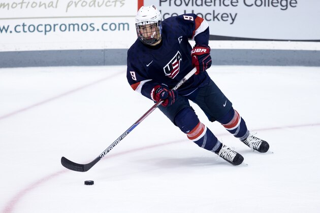 PROVIDENCE, RI - OCTOBER 16: Luke Kunin #9 of the U.S. National Under-18 Team skates during exhibition NCAA hockey against the Providence College Friars at Schneider Arena on October 16, 2014 in Providence, Rhode Island. (Photo by Richard T Gagnon/Getty Images)