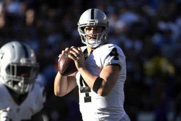 Oakland Raiders quarterback Derek Carr looks to throw a pass during the first half of an NFL football game against the San Diego Chargers Sunday, Dec. 18, 2016, in San Diego. (AP Photo/Denis Poroy)
