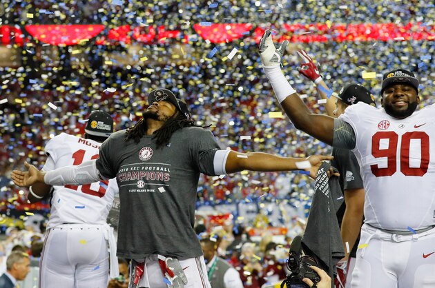ATLANTA, GA - DECEMBER 03:  Tim Williams #56 of the Alabama Crimson Tide celebrates their 54 to 16 win over the Florida Gators in the SEC Championship game at the Georgia Dome on December 3, 2016 in Atlanta, Georgia.  (Photo by Kevin C. Cox/Getty Images)