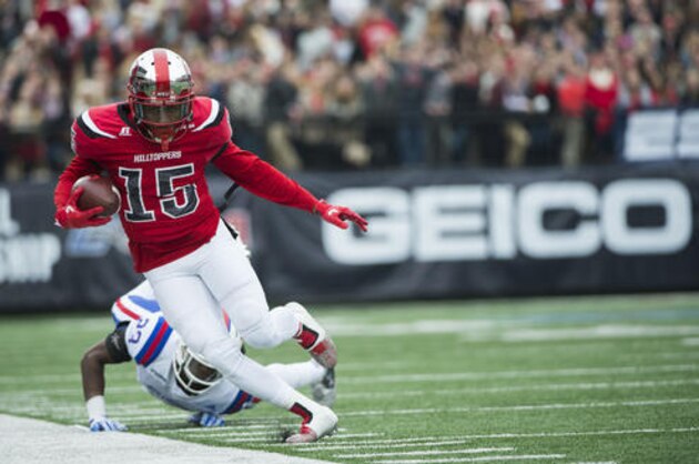 Western Kentucky wide receiver Nicholas Norris (15) makes a catch before falling out of bounds in the first half of the Conference USA championship NCAA college football game against Louisiana Tech, Saturday, Dec. 3, 2016, at L.T. Smith Stadium in Bowling Green, Ky. (AP Photo/Michael Noble Jr.) Western Kentucky wide receiver Nicholas Norris (15) makes a catch before falling out of bounds in the first half of the Conference USA championship NCAA college football game against Louisiana Tech, Saturday, Dec. 3, 2016, at L.T. Smith Stadium in Bowling Green, Ky. (AP Photo/Michael Noble Jr.)