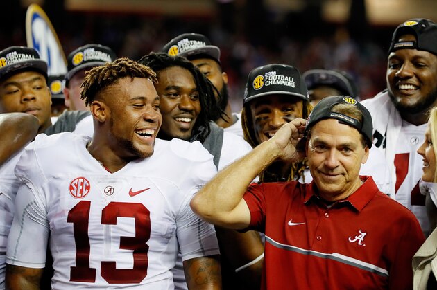 ATLANTA, GA - DECEMBER 03:  Head coach Nick Saban and ArDarius Stewart #13 of the Alabama Crimson Tide celebrate their 54 to 16 win over the Florida Gators during the SEC Championship game at the Georgia Dome on December 3, 2016 in Atlanta, Georgia.  (Photo by Kevin C. Cox/Getty Images)