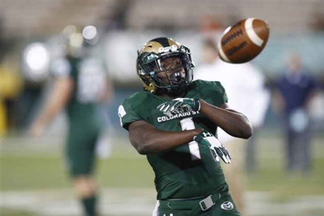 Colorado State Rams running back Dalyn Dawkins (1) warms up before the first half of an NCAA college football game late Saturday, Oct. 8, 2016, in Fort Collins, Colo. (AP Photo/David Zalubowski)