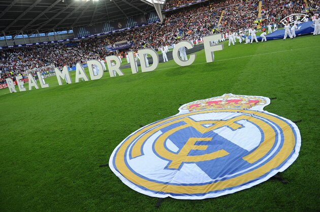 CARDIFF, WALES - AUGUST 12: The Real Madrid club badge is seen on the pitch prior to the UEFA Super Cup match between Real Madrid and Sevilla FC at Cardiff City Stadium on August 12, 2014 in Cardiff, Wales. (Photo by Chris Brunskill Ltd/Getty Images)