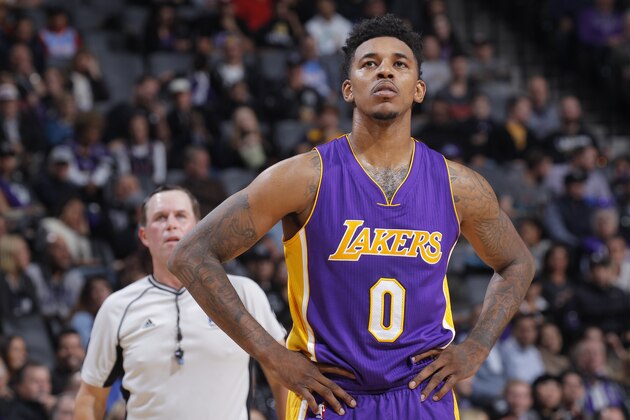 SACRAMENTO, CA - DECEMBER 12: Nick Young #0 of the Los Angeles Lakers looks on during the game against the Sacramento Kings on December 12, 2016 at Golden 1 Center in Sacramento, California. NOTE TO USER: User expressly acknowledges and agrees that, by downloading and or using this photograph, User is consenting to the terms and conditions of the Getty Images Agreement. Mandatory Copyright Notice: Copyright 2016 NBAE (Photo by Rocky Widner/NBAE via Getty Images)