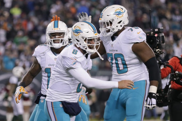 Miami Dolphins quarterback Matt Moore (8) and wide receiver Jarvis Landry (14) celebrate with tackle Ja'Wuan James (70) after Landry scored a touchdown against the New York Jets during the third quarter of an NFL football game, Saturday, Dec. 17, 2016, in East Rutherford, N.J. (AP Photo/Adam Hunger)