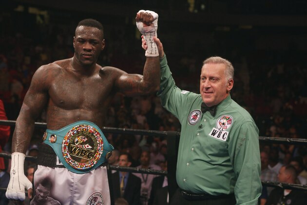 BIRMINGHAM, AL - JULY 16:  WBC World Heavyweight Champion Deontay Wilder is announced the winner in his fight against Chris Arreola at Legacy Arena at the BJCC on July 16, 2016 in Birmingham, Alabama.  (Photo by David A. Smith/Getty Images)