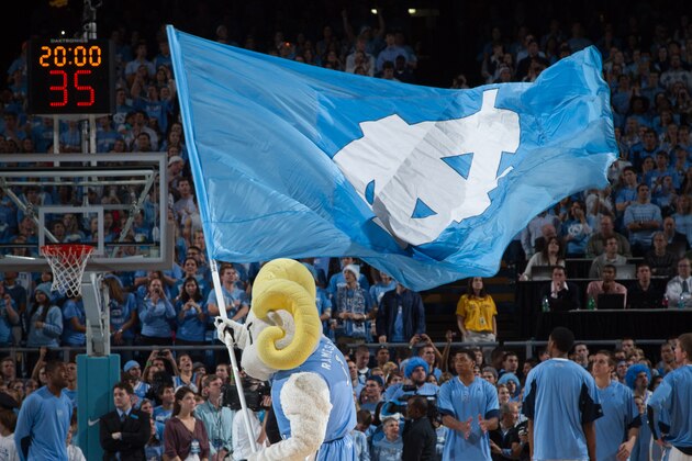 CHAPEL HILL, NC - NOVEMBER 30: Ramses, mascot of the North Carolina Tar Heels waves a flag with the UNC logo before a game against the Wisconsin Badgers on November 30, 2011 at the Dean E. Smith Center in Chapel Hill, North Carolina. North Carolina won 57-60. (Photo by Peyton Williams/UNC/Getty Images)