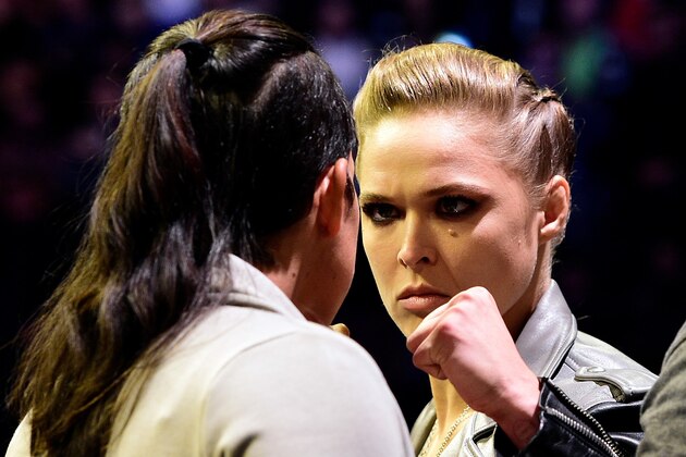 NEW YORK, NY - NOVEMBER 11:   (R-L) UFC 207 opponents Ronda Rousey and Amanda Nunes face off during the UFC 205 weigh-in inside Madison Square Garden on November 11, 2016 in New York City. (Photo by Mike Roach/Zuffa LLC/Zuffa LLC via Getty Images)